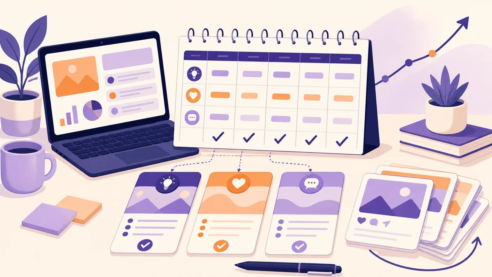 Illustration of a weekly content calendar, laptop, reusable content cards, and a simple progress line